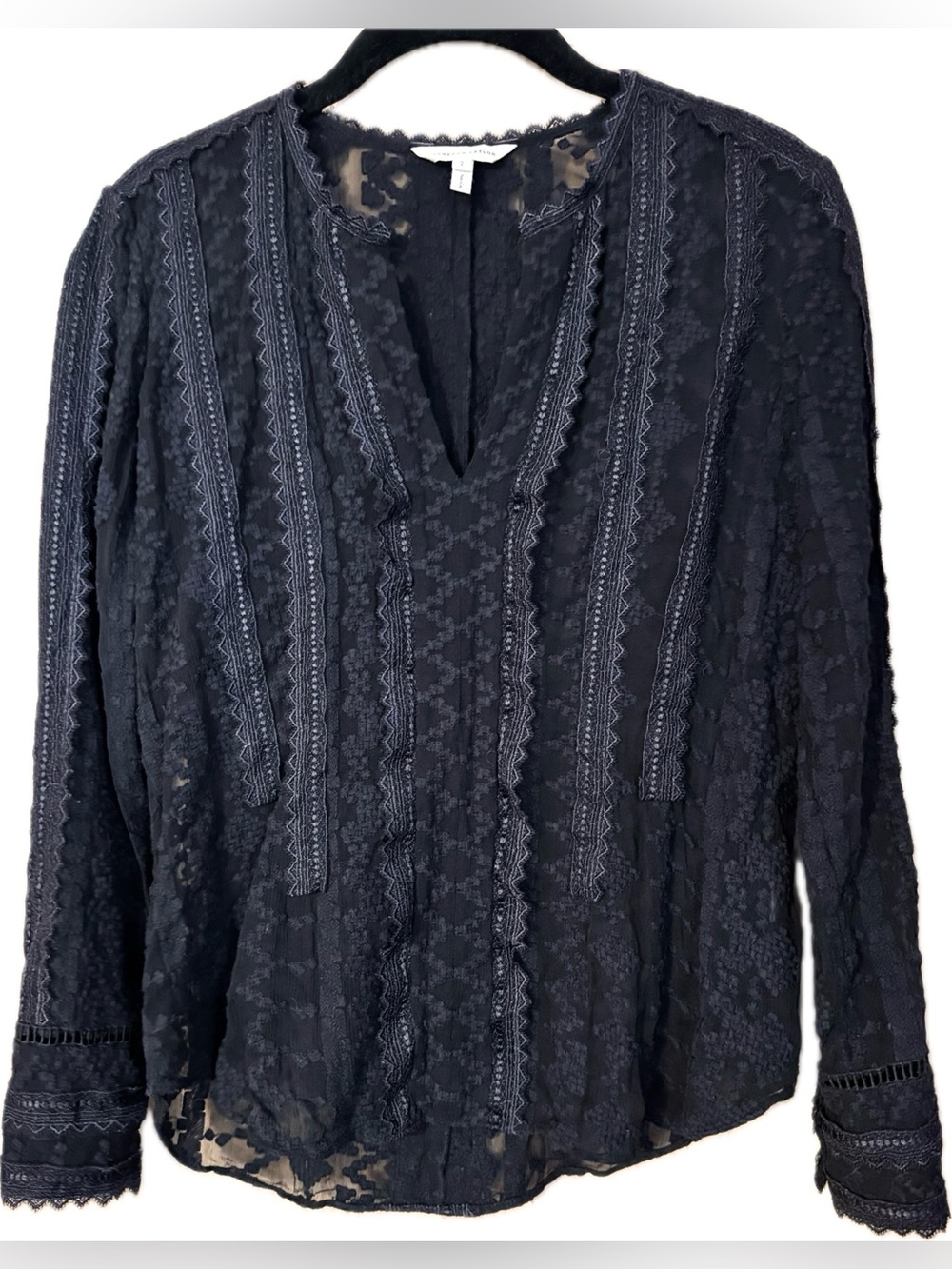 Rebecca Taylor Silk Embroidered Long Sleeve Sheer Boho Blouse Black Size 2